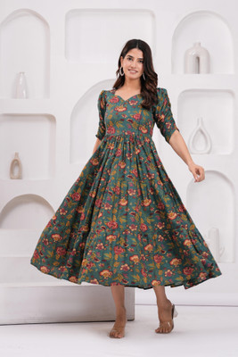 KANIW Women Gown Green Midi/Calf Length Dress