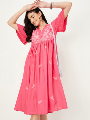 MAX Women A-line Pink, White Midi/Calf Length Dress