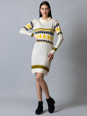 Club York Women Sweater White Knee Length Dress