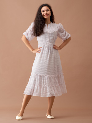 AASK Women Fit and Flare White Midi/Calf Length Dress