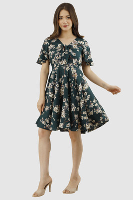 CELESTINA Women A-line Dark Green Above Knee/Mid Thigh Length Dress