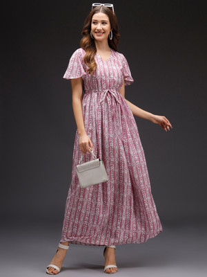 Emeros Women Maxi Pink, White Full Length Dress