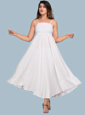 IQRAAR Women Fit and Flare White Maxi/Full Length Dress