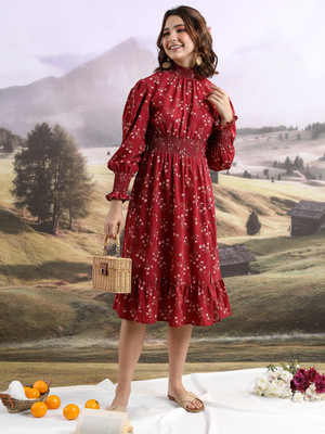 Tokyo Talkies Women A-line Maroon Knee Length Dress