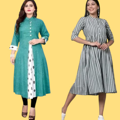 Houseofcommonk Women Printed, Striped Anarkali Kurta(Green, Grey)