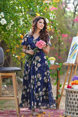 HK SHOPEE Women Fit and Flare Blue Maxi/Full Length Dress