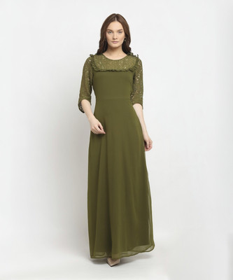 La Zoire Women Fit and Flare Green Maxi/Full Length Dress