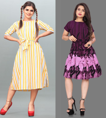 Hiral Creation Women Fit and Flare Purple Below Knee Dress