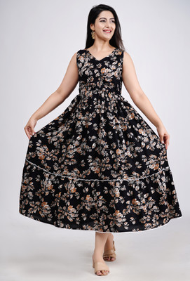 PRADHRUHE Women Fit and Flare Black Maxi/Full Length Dress