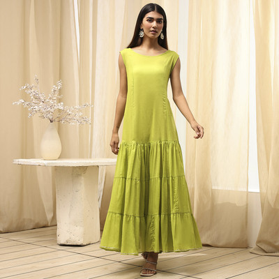 BIBA Women A-line Green Midi/Calf Length Dress