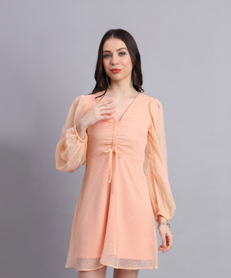 EssQue Women Fit and Flare Orange Above Knee/Mid Thigh Length Dress