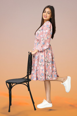 kilkilat Women Fit and Flare Pink Knee Length Dress