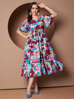 ZWERLON Women A-line Multicolor Midi/Calf Length Dress