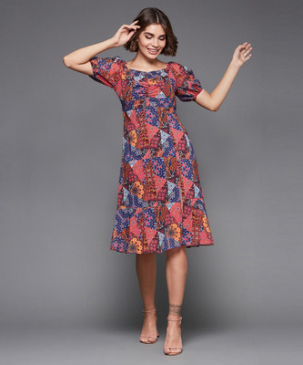 Miss Chase Women Fit and Flare Multicolor Midi/Calf Length Dress