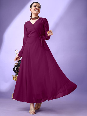 HouseOfCommon Women Fit and Flare Purple Maxi/Full Length Dress