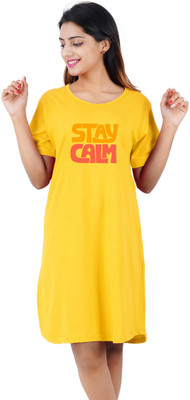 BEFLI Women T Shirt Yellow Above Knee/Mid Thigh Length Dress