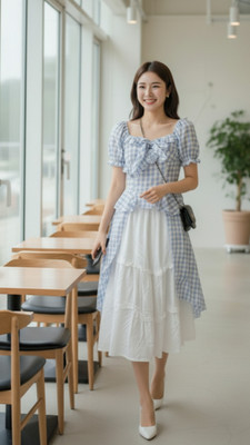 TR HAUTE Women Two Piece Dress White, Blue Below Knee Dress