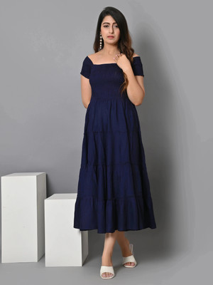 VYMO Women Fit and Flare Dark Blue Midi/Calf Length Dress