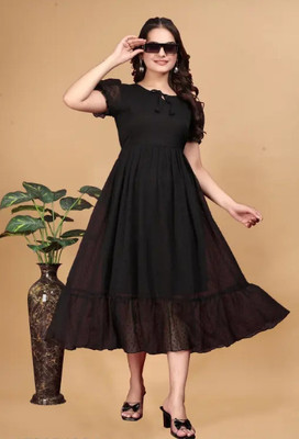 SR Collection Women Fit and Flare Black Midi/Calf Length Dress