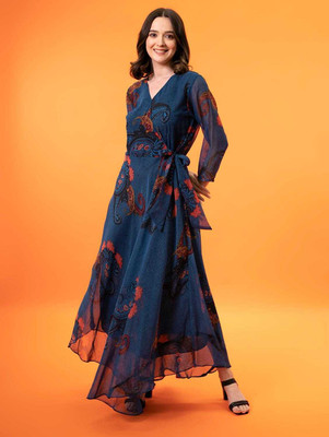 HouseOfCommon Women Fit and Flare Blue Maxi/Full Length Dress