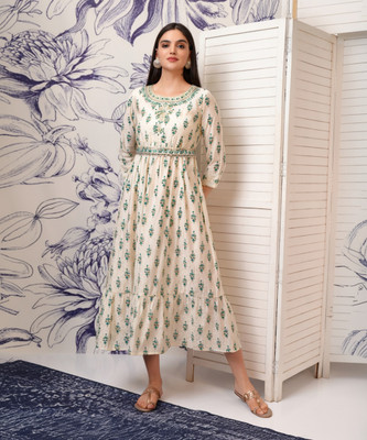 Vishudh Women Fit and Flare Green Midi/Calf Length Dress