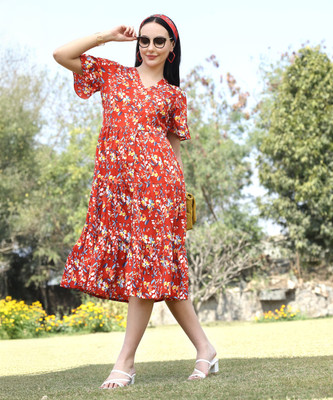 PLUSS Women Fit and Flare Multicolor Midi/Calf Length Dress