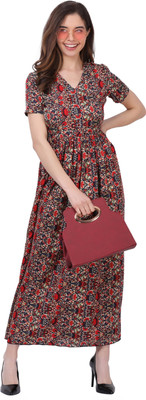 MUZUN Women A-line Red Maxi/Full Length Dress