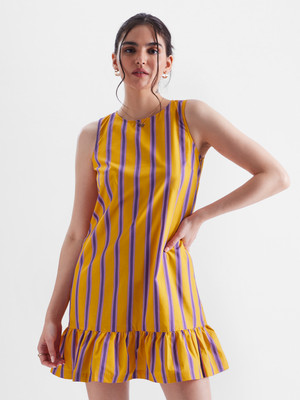 The Souled Store Women Fit and Flare Yellow, Purple Above Knee/Mid Thigh Length Dress