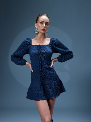 bebe Women Drop Waist Blue Above Knee/Mid Thigh Length Dress