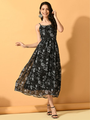 Myshka Women Empire Waist Black, Grey Midi/Calf Length Dress