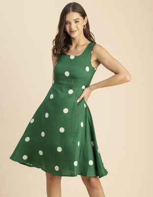 moomaya Women Fit and Flare Dark Green, White Above Knee/Mid Thigh Length Dress