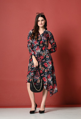 LIHANA Women A-line Black Below Knee Dress