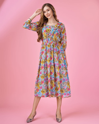 MOJILAA Women Fit and Flare Multicolor Midi/Calf Length Dress