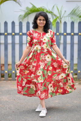 phoolkesa Women A-line Red Midi/Calf Length Dress