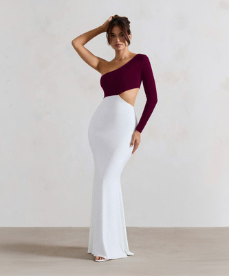 Clafoutis Women Bodycon Maroon, White Maxi/Full Length Dress