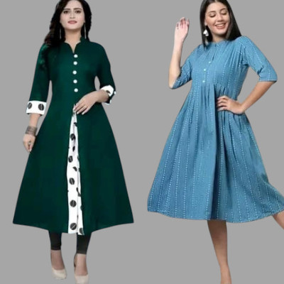Houseofcommonk Women Printed Anarkali Kurta(Green, Light Blue)