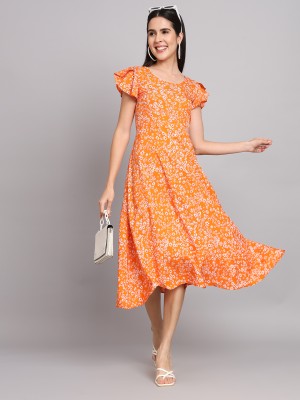 Dream Beauty Fashion Women Fit and Flare Orange, White Dress