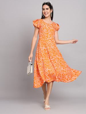 Maheshvi Women Fit and Flare White, Purple, Orange Midi/Calf Length Dress