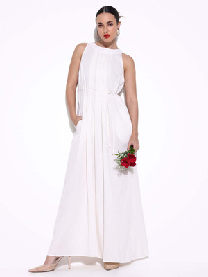 SHOWOFFFF Women Fit and Flare White Maxi/Full Length Dress