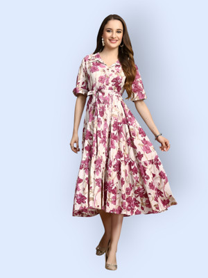 fashionstreet Women Fit and Flare White, Pink Below Knee Dress