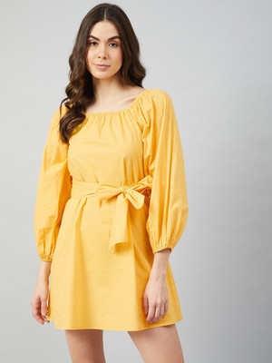 ATHENA Women A-line Yellow Above Knee/Mid Thigh Length Dress