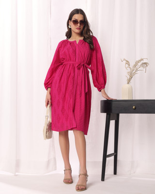 HouseOfCommon Women Fit and Flare Pink Midi/Calf Length Dress