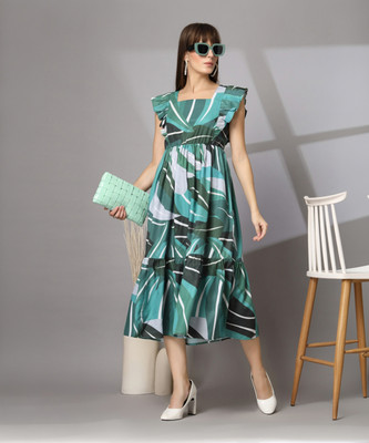 Wordope Women Tiered Dark Green Midi/Calf Length Dress