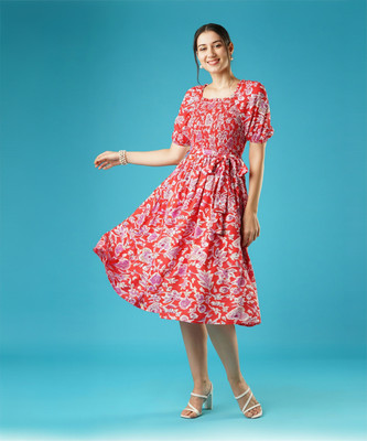 Globus Women Fit and Flare Red Midi/Calf Length Dress