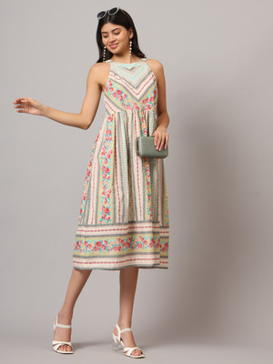 FABRIC FITOOR Women Fit and Flare Multicolor Knee Length Dress