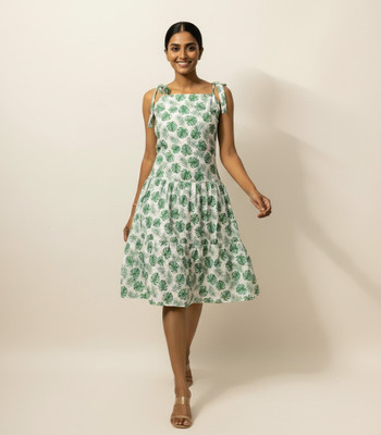 spelleva Women Fit and Flare Green Knee Length Dress