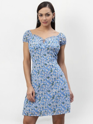 Shimao Women A-line Blue Above Knee/Mid Thigh Length Dress