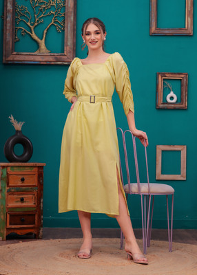 Highlight fashion export Women Fit and Flare Yellow Midi/Calf Length Dress