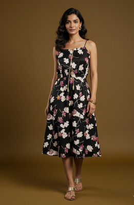 GROMint Women A-line Black Midi/Calf Length Dress