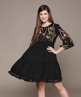 DM Creation Women Fit and Flare Black Above Knee/Mid Thigh Length Dress